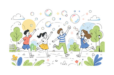 Naklejka premium Playing with Bubbles. Children and friends chasing floating soap bubbles across a sunny park, soft sunlight shapes and drifting sparkles creating a joyful outdoor atmosphere. Playful movement, happy