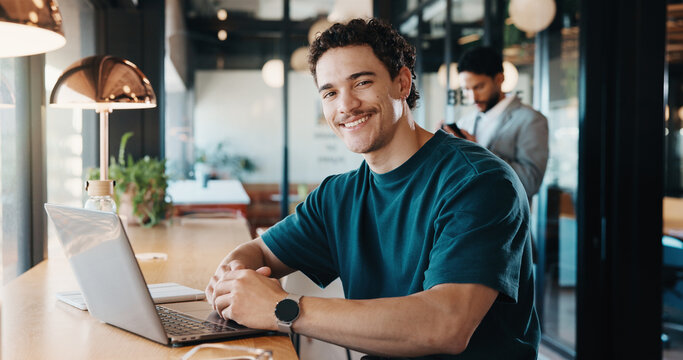 Laptop, happy and portrait of man in coffee shop with remote work for software development. Smile, cafe and full stack engineer with computer for online project with freelance career in restaurant.