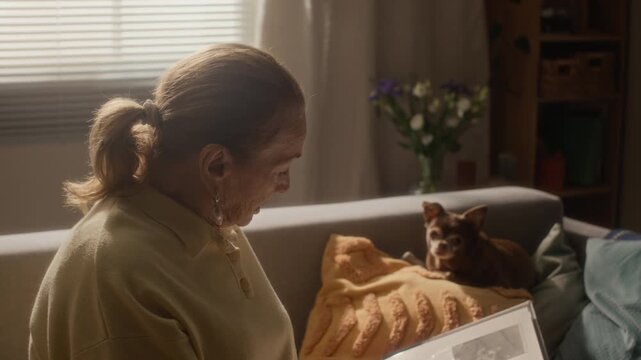 Tilt up of grey haired Caucasian woman sitting comfortably with photo album while reminiscing with tiny Chihuahua dog in cozy home setting