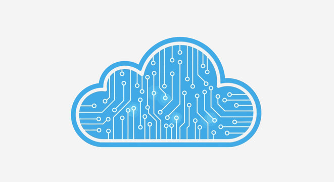 A digital cloud icon featuring a complex electronic circuit board pattern design