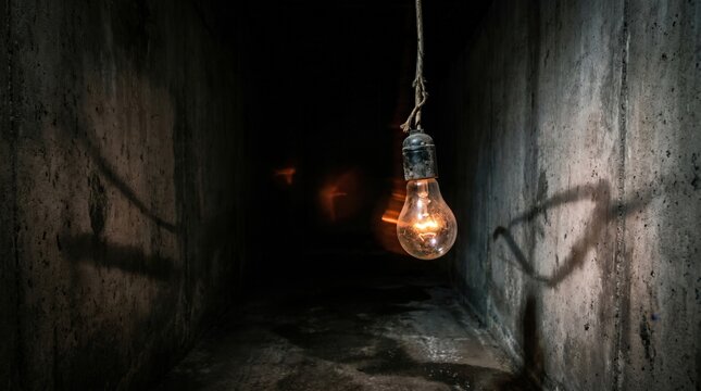 Glowing vintage light bulb hangs inside a dark narrow concrete corridor casting deep shadows