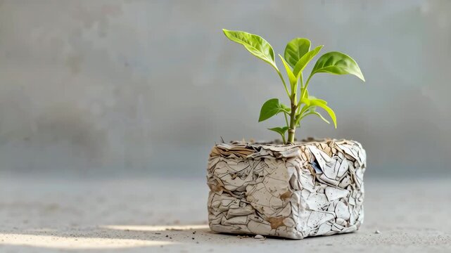 Young green plant in pot made of biodegradable materials as eco sustainable future concept