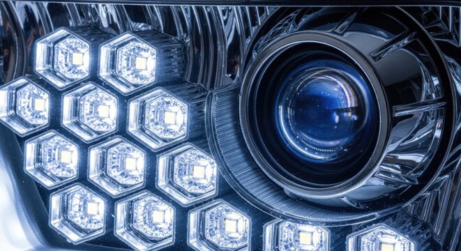 Car headlight, close-up, LED lights, automotive detail