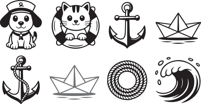 Playful Nautical Vector Illustrations with Cute Animals, Anchors, Paper Boats, Ropes, and Ocean Waves