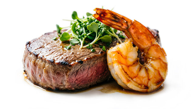 A gourmet surf and turf beef steak with garlic butter shrimp isolated on a white background.