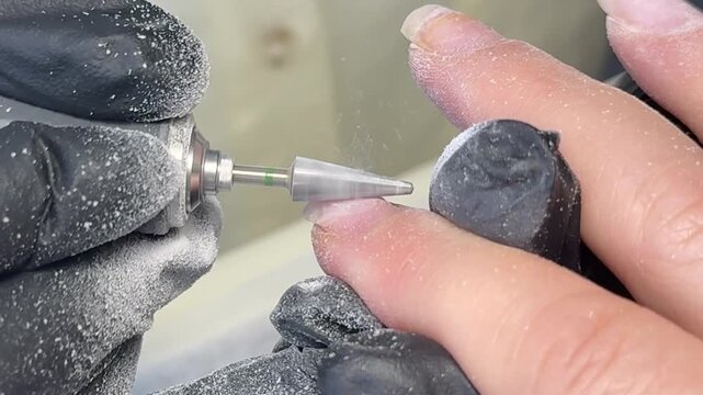 Old chipped gel coating removed from neglected nails by manicurist wearing dark protective gloves while machine softly files surface inside modern nail salon.