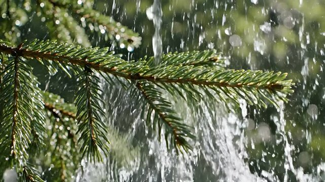 Close up of water splashing on pine tree needles in slow motion.