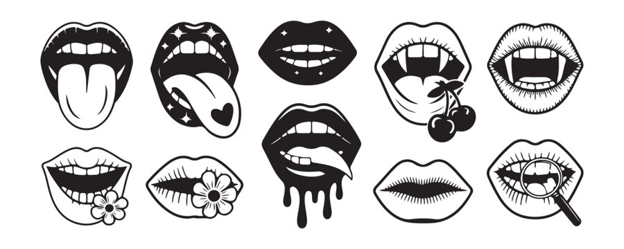 Aesthetic black and white hand drawn lip illustrations with flowers and cherries in retro style.