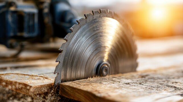 Circular saw blade cutting wood with motion blur and warm backlight for woodworking background and construction tool detail
