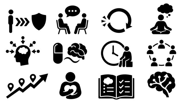 OCD Treatment and Therapy Silhouette Icons Set