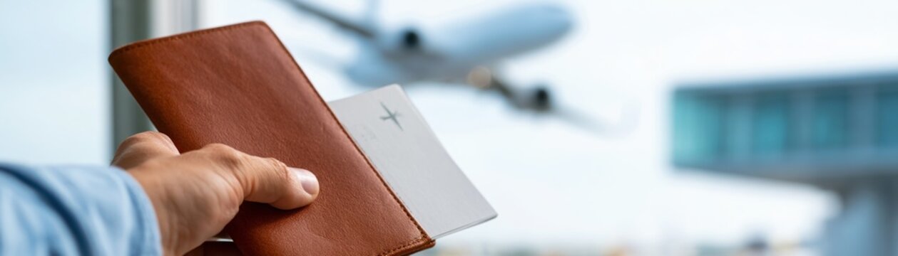 Close up hand holding brown leather passport and boarding pass at airport terminal for travel banner design and background