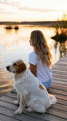 Obraz premium Woman with a golden retriever sitting on a wooden dock at sunset by the lake for serene nature background and relaxation wallpaper