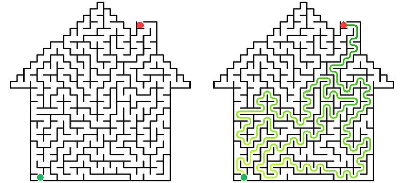 House-Shaped Maze Puzzle in Neon Dark Style with Green and Black Colors Representing Logic Challenge Game 