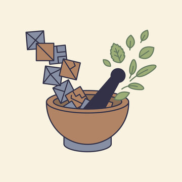 Digital detox with mortar and pestle crushing letters and herbs for calm