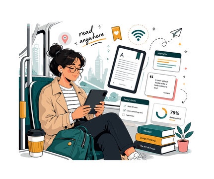 Digital Reading and Modern Learning Habits. A commuter using an e-reader on public transport while floating bookmark icons, handwritten phrases like &ldquo;read anywhere&rdquo;, and abstract wireless symbols