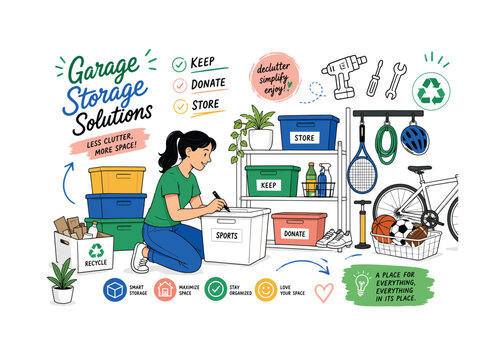Garage Storage Solutions and Home Decluttering. A person labeling containers and organizing sports equipment while floating tool icons, recycling symbols, and handwritten phrases like &ldquo;keep donate