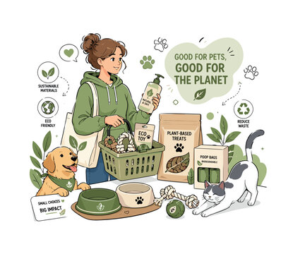 Pet Sustainability Products. Happy pet owner choosing eco-friendly pet products beside reusable bowls, organic toys, and biodegradable packaging, floating paw icons and soft leaf shapes creating a