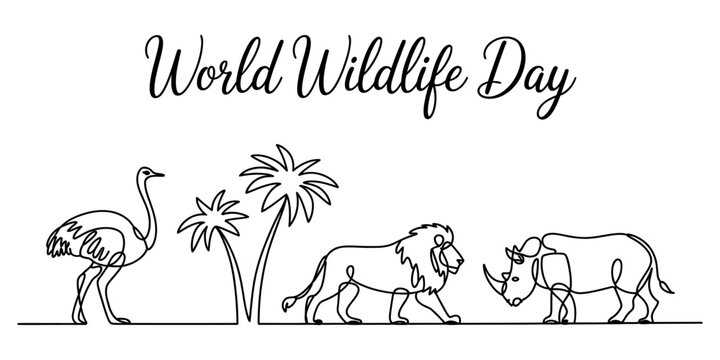 World wildlife day celebration with lion, rhino, ostrich and palm trees in single line art style Vector, illustration