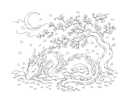 "Petals and Scales". Minimalistic one-line drawing a mystical dragon asleep beneath moonlit sakura trees with swirling blossoms and elegant curved tails, continuous single black line on white