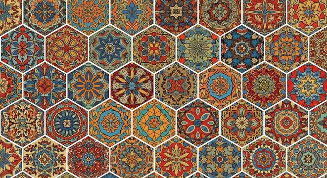 Colorful Hexagonal Ceramic Tiles Arranged in Ornate Mosaic Pattern