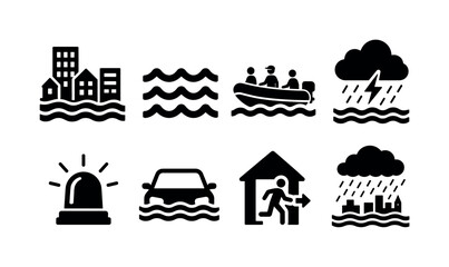 Fototapeta premium Flooded cities. Filled icon set of Flooded cities: submerged buildings, floodwater waves, rescue boat, storm cloud, emergency siren, floating car, evacuation sign, rainstorm. Solid icons set. All