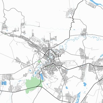 Minimal vector street map of Grozny, Chechen Republic, Russia. Detailed urban city plan with roads, highways, residential districts, river landscape, and surrounding natural areas. Modern cartography 
