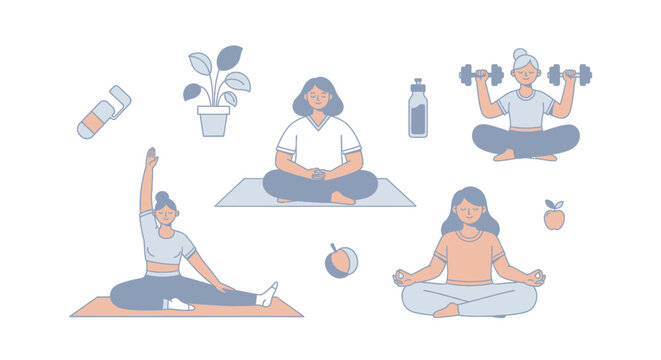 Women practicing yoga in different poses.