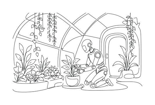 "Glass Garden Keeper". Minimalistic one-line drawing a robot gardener tending plants inside a futuristic greenhouse filled with hanging vines and glass panels, continuous single black line on white