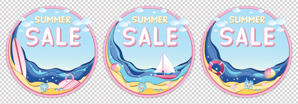Isolated round Summer sale banner set in paper craft style featuring Summer sale inscription, sea, beach, surfboard, ship, flip flops, shell, ball, life ring, sunglasses, beach bag and clouds