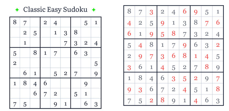 Classic Easy Sudoku Game Template with Answers