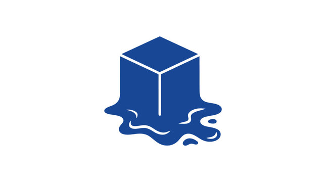 A blue geometric cube is melting into a liquid puddle on a white background