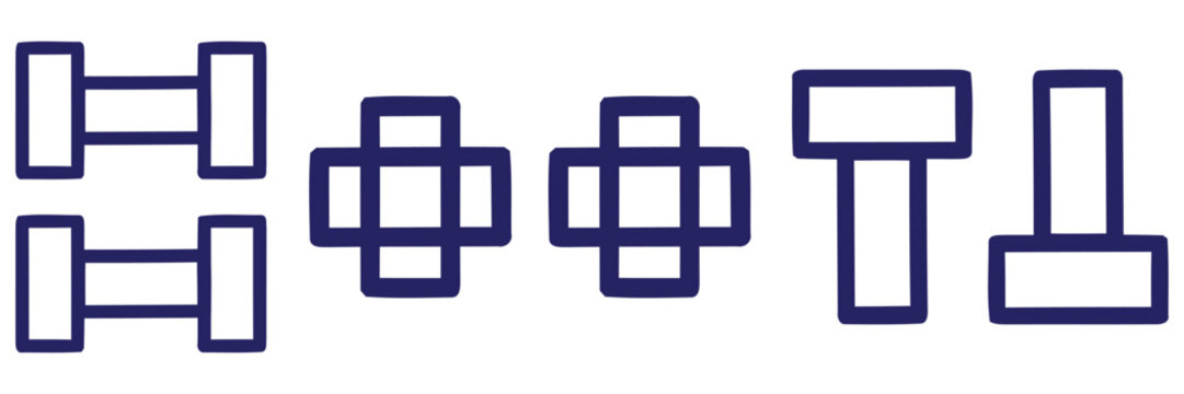 Collection of simple geometric shapes including bolts, nuts, and T-shaped pieces arranged in abstract pattern.
