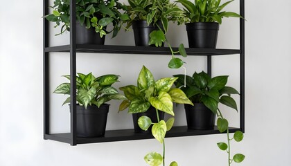Fototapeta premium Modern black metal shelf displaying various green potted houseplants indoors