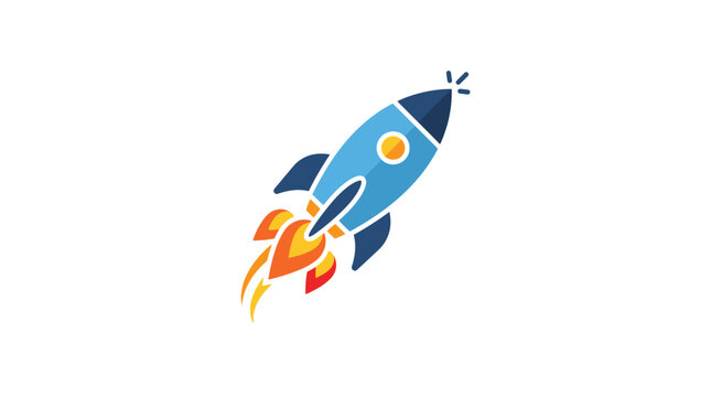 A colorful illustration of a rocket ship launching into the vast outer space
