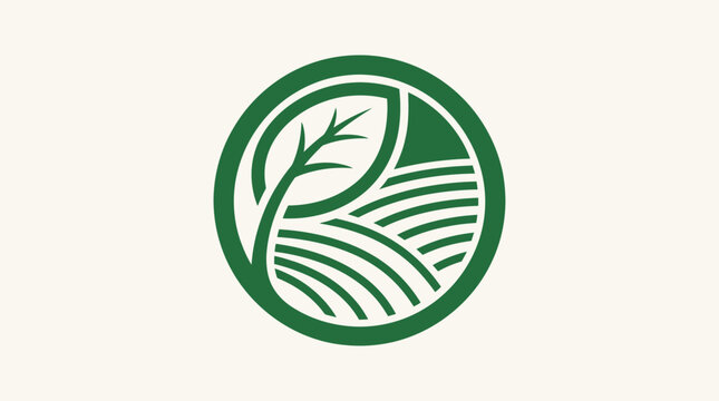 A circular green icon featuring a stylized leaf and agricultural field lines
