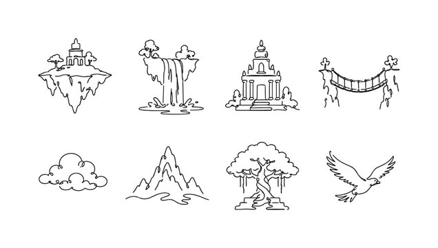 "Floating island with waterfalls and temples". Minimalistic set one-line drawing [floating island, cascading waterfall, ancient temple, hanging bridge, drifting cloud, mountain peak, sacred tree,