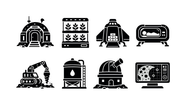 Human colony on the moon. Filled icon set of Human colony on the moon: moon base entrance, hydroponic plants, cargo spaceship, sleeping pod, lunar mining drill, water storage tank, observatory