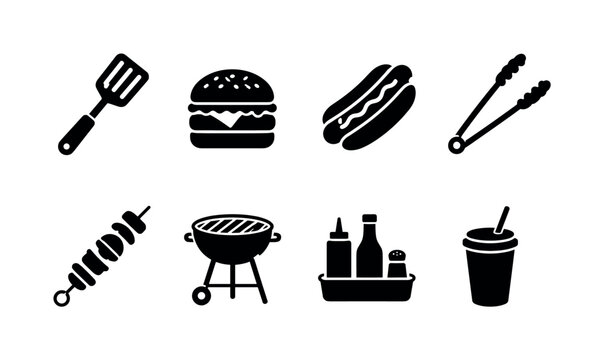 Outdoor cookout essentials. Filled icon set of Outdoor cookout essentials: grill spatula, burger, hot dog, barbecue tongs, skewers, portable grill, condiment tray, beverage cup. Solid icons set. All