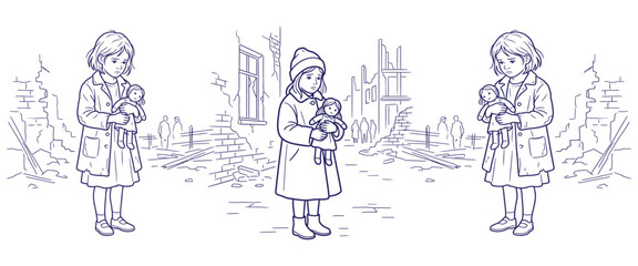 Obraz premium Sad child holding doll in destroyed city war ruins illustration outline.