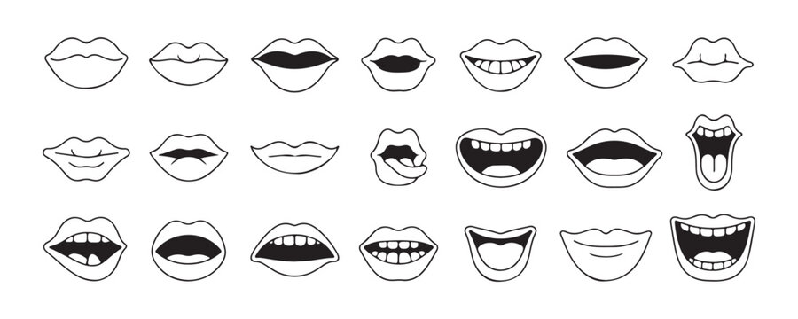 Set of lips silhouette with different emotions, vector illustration on transparent background.