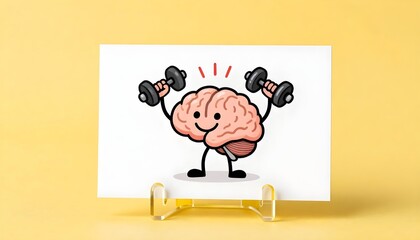 Fototapeta premium Cartoon brain character lifting dumbbells, symbolizing mental fitness and strength