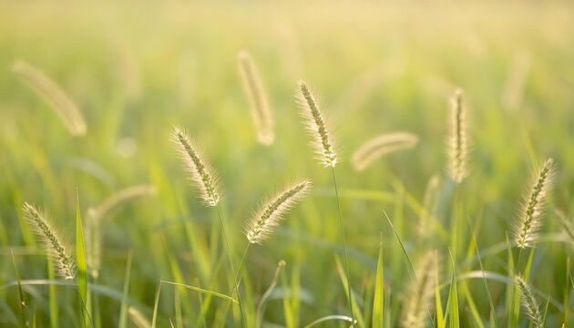 Soft focus sunlit field of tall green grass with feathery seed heads