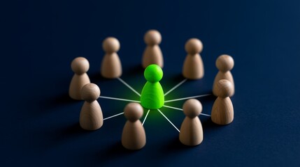 Obraz premium Wooden Figures Forming a Network with Glowing Center Piece on Dark Background, Symbolizing Connection, Collaboration, and Teamwork in a Modern Conceptual Design