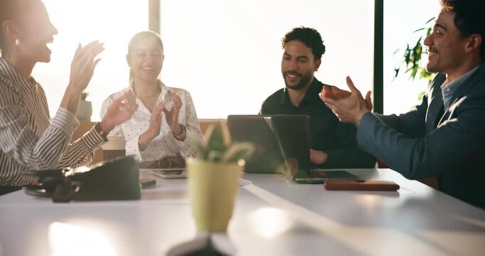 Team, applause and high five in meeting with laptop, success and achievement for financial audit. Business people, clapping or celebration in office with computer, collaboration and accounting goals.