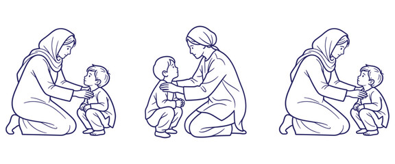 Obraz premium Three line art illustrations featuring a mother figure kneeling and interacting with a young boy, showing care and affection.