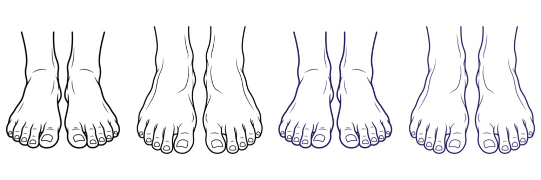 Multiple line art illustrations showcasing different angles and styles of human feet, emphasizing anatomical detail.