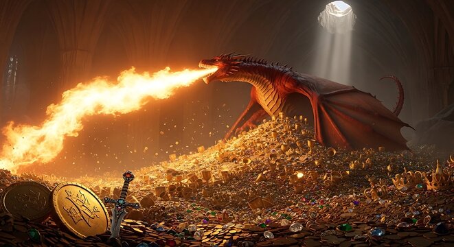 Red Fire Breathing Dragon Guarding Golden Treasure in Dark Cave