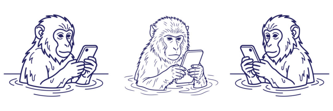Japanese macaques sitting in hot spring water holding modern smartphones interacting with technology in nature depicted as detailed line art illustrations.