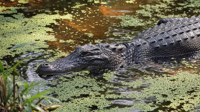 A formidable American alligator observed partially submerged in murky, green-covered swamp water, showcasing its scaly skin and powerful presence in its natural wetland environment