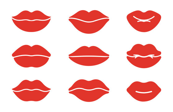 Set of simple red flat lip icons for cosmetic packaging design on transparent background pattern.